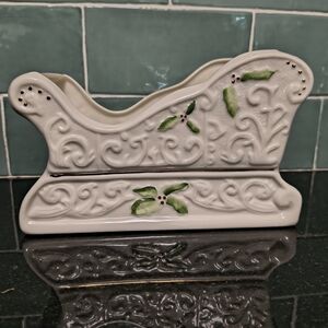 White Ceramic Napkin Holder with Green Holly Design
